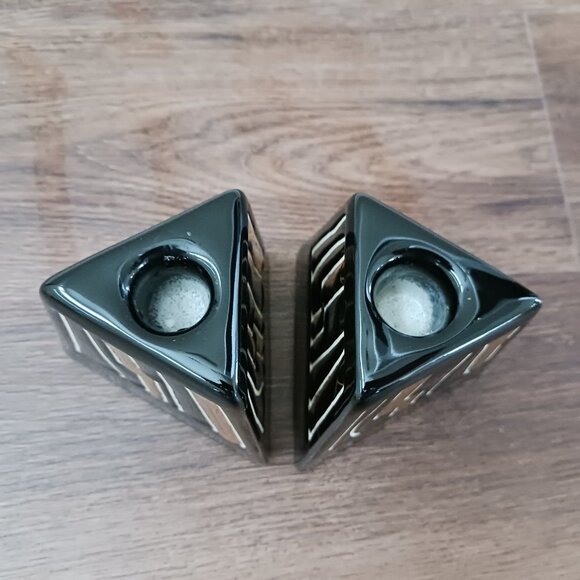 4" Vtg Harris Potteries Chicago Black Gold MCM Modernist Candle Holders Triangle - Picture 3 of 4